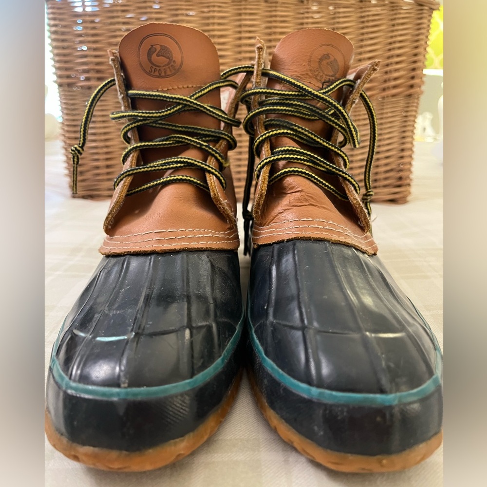 Vintage Sporto Original duck boots in navy & brown leather, size 10